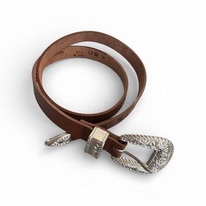 Brown Leather Belt with Silvertone Buckle Made in USA SIZE ML